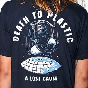 Death to Plastic graphic tee in black with white and blue logo for a cause